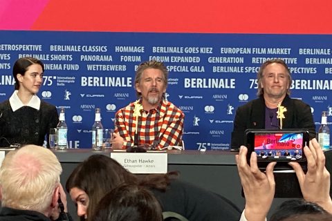 Richard Linklater, Ethan Hawke und Margaret Qualley ( v.r.) bei der Pressekonferenz zu Blue Moon